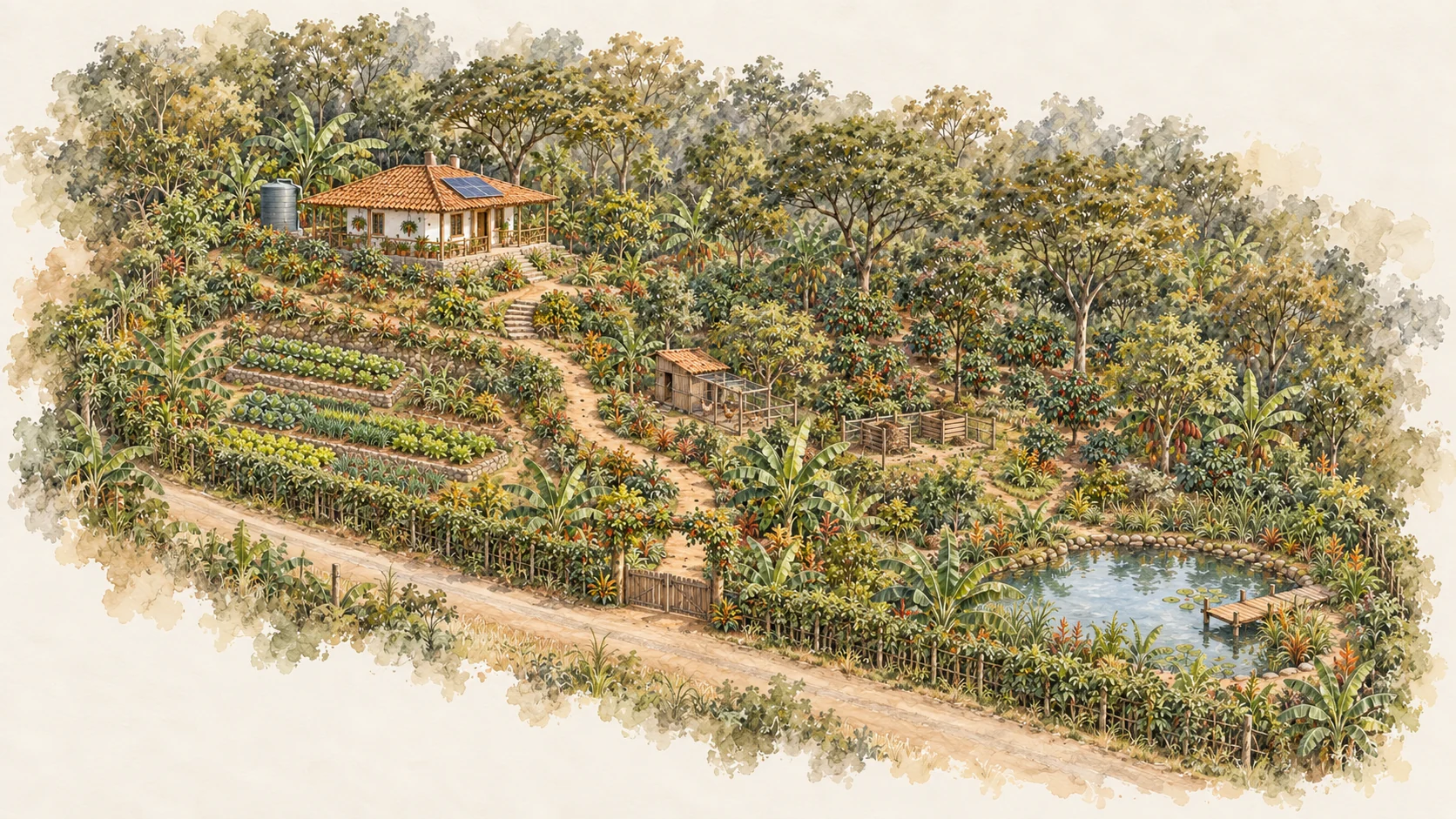 Illustrated aerial view of a plot with a house, garden, shade-grown crops, living fences and a pond.