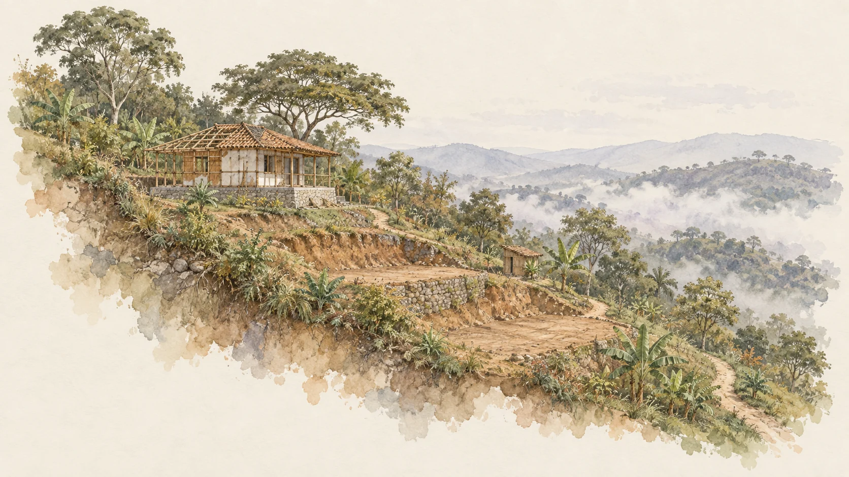 La casa de bahareque en construcción sobre cimiento de piedra, con estructura de guadua y teja de barro.
