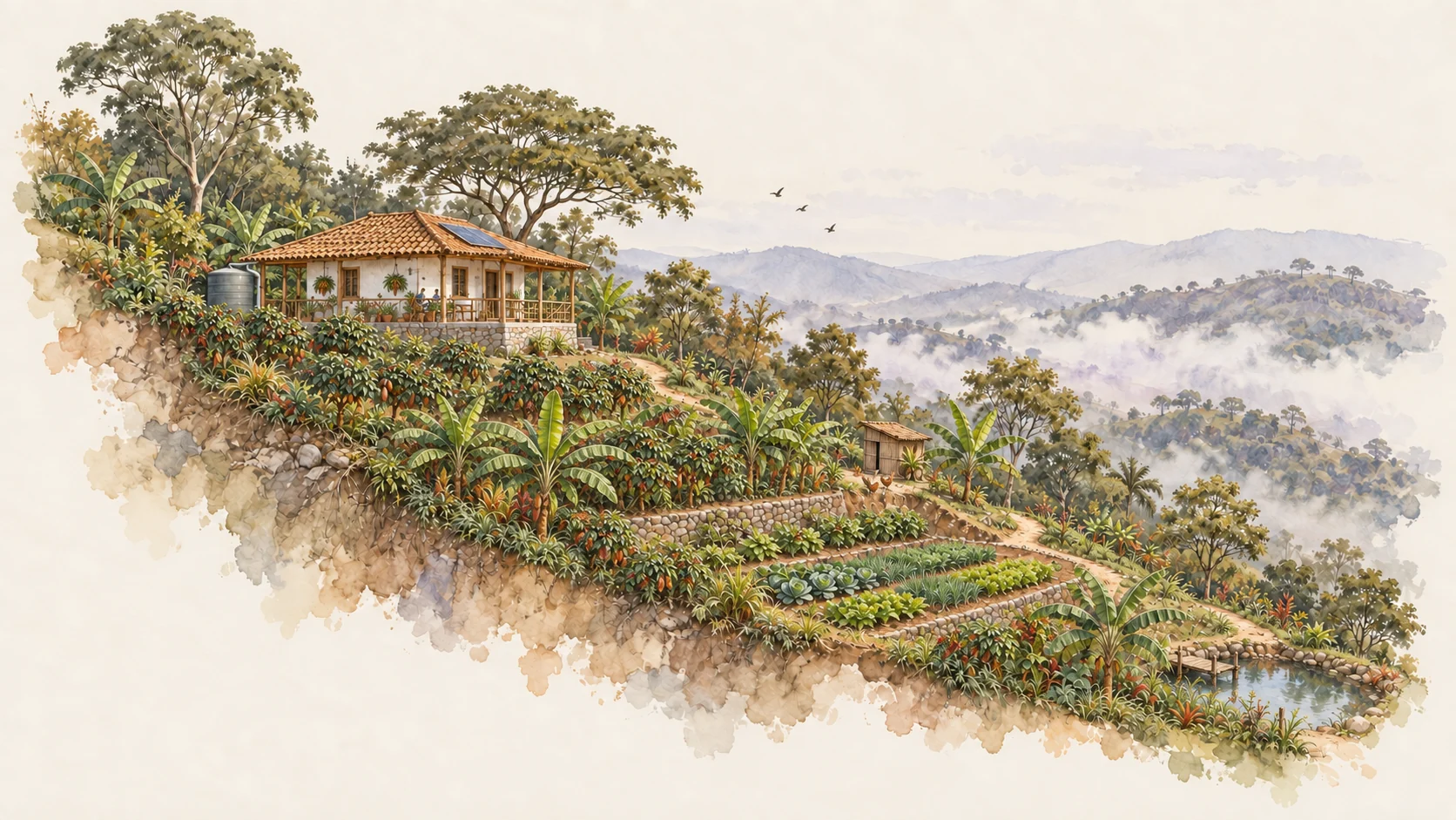 El hogar integrado a un bosque comestible maduro, con estanque y vida en el corredor.