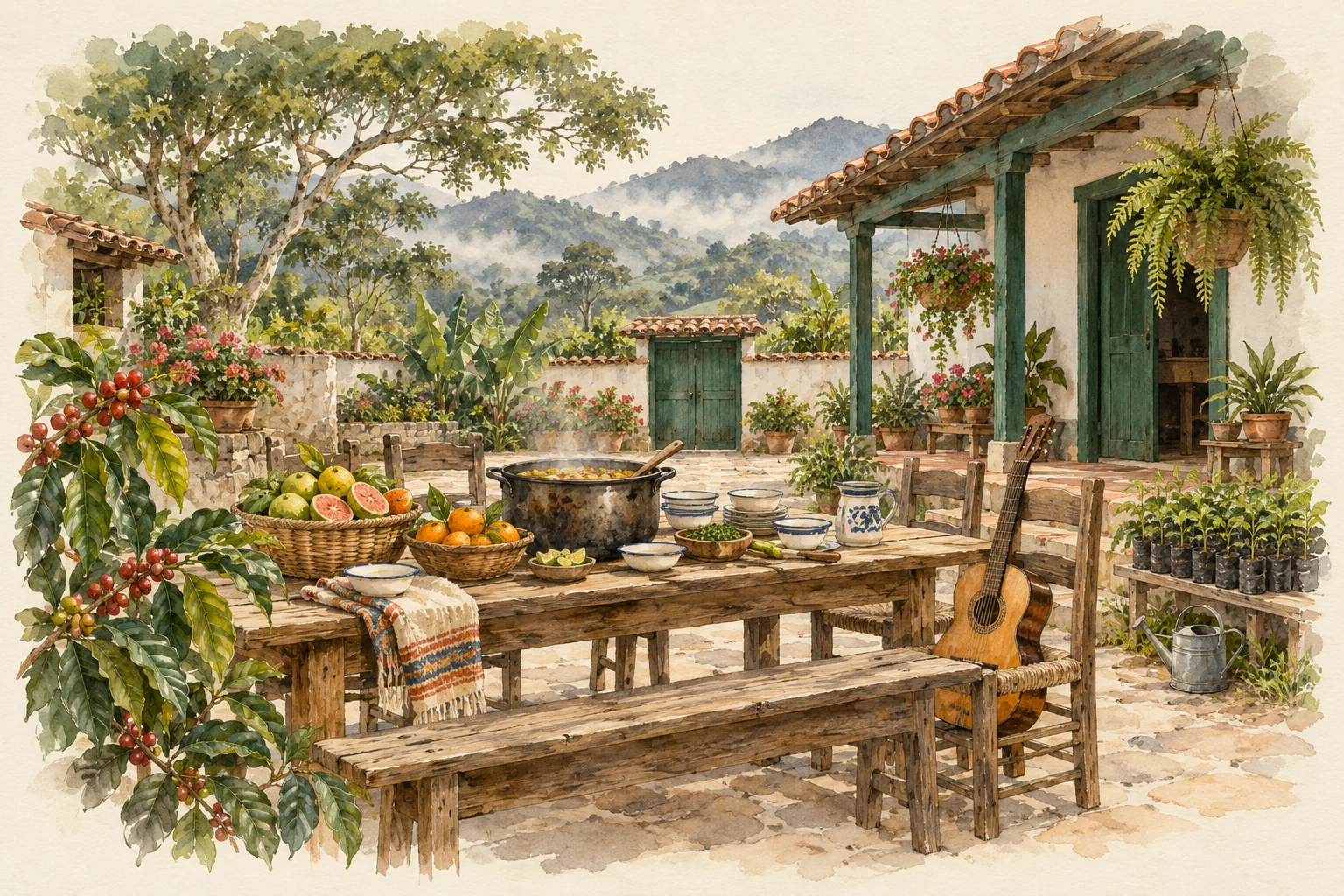 A shared table on a coffee-farm porch, an illustration of the allies coming together.