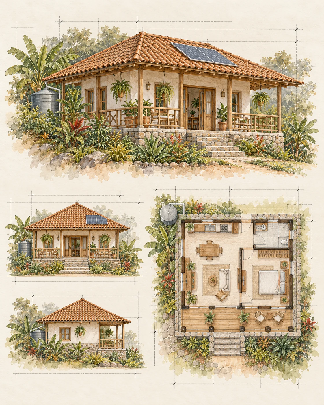 Conceptual sheet of a 50 m² house: perspective, side elevations and an illustrated floor plan.