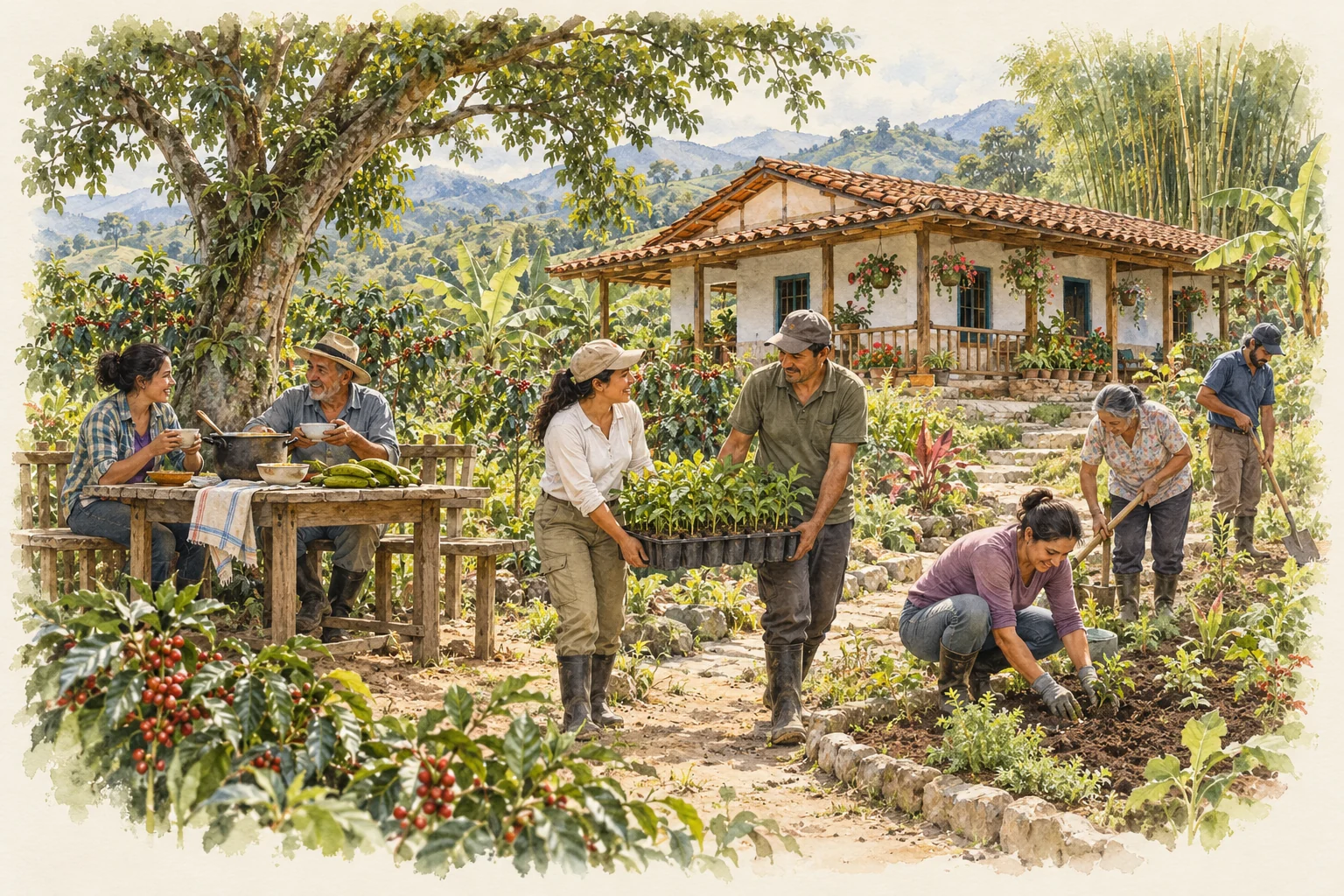 Illustration of adult neighbours sharing a planting minga beside a farmhouse.