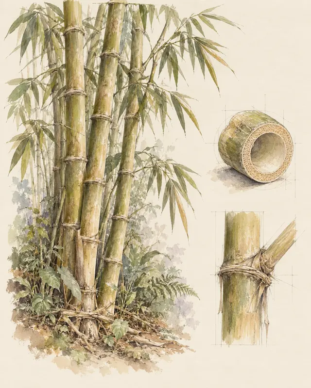 Guadua madura, detalle del culmo y sus nudos.