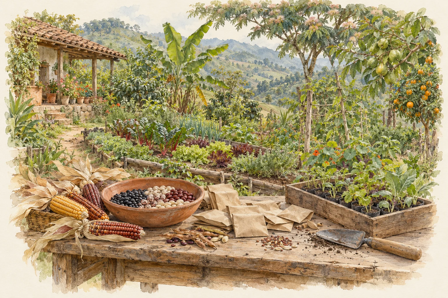 Estudio ilustrado de semillas, cosecha y una huerta familiar.