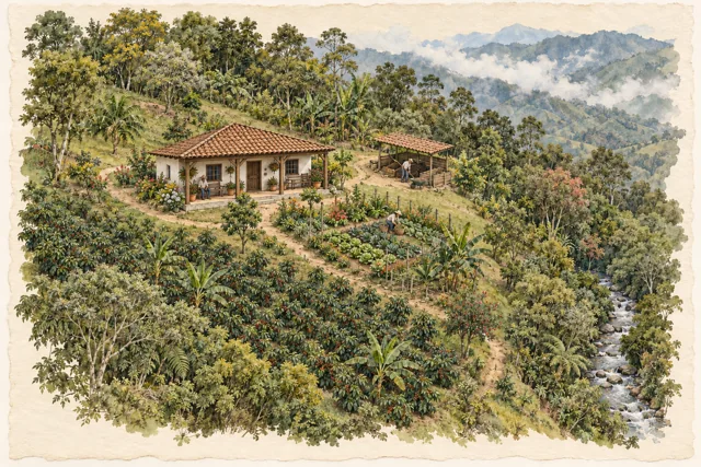 Vista ilustrada de una finca diversa: casa con corredor, huerta, cafetal, árboles y vegetación junto al agua.