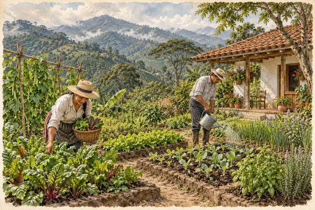 Dos personas cuidan una huerta de hortalizas junto al corredor de una casa campesina.