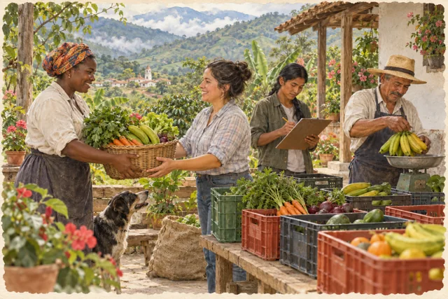 Productores y compradores intercambian una canasta y registran productos en un encuentro rural.