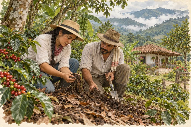 Dos personas observan raíces y suelo junto a una huerta y una casa campesina.