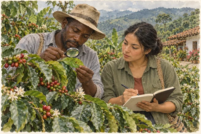Dos personas examinan hojas de café con lupa y anotan sus observaciones.