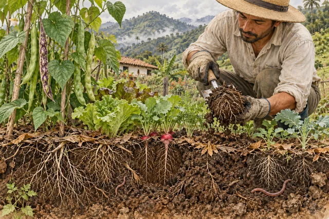 Un agricultor examina el suelo; un corte interpretativo muestra cobertura, raíces y organismos.