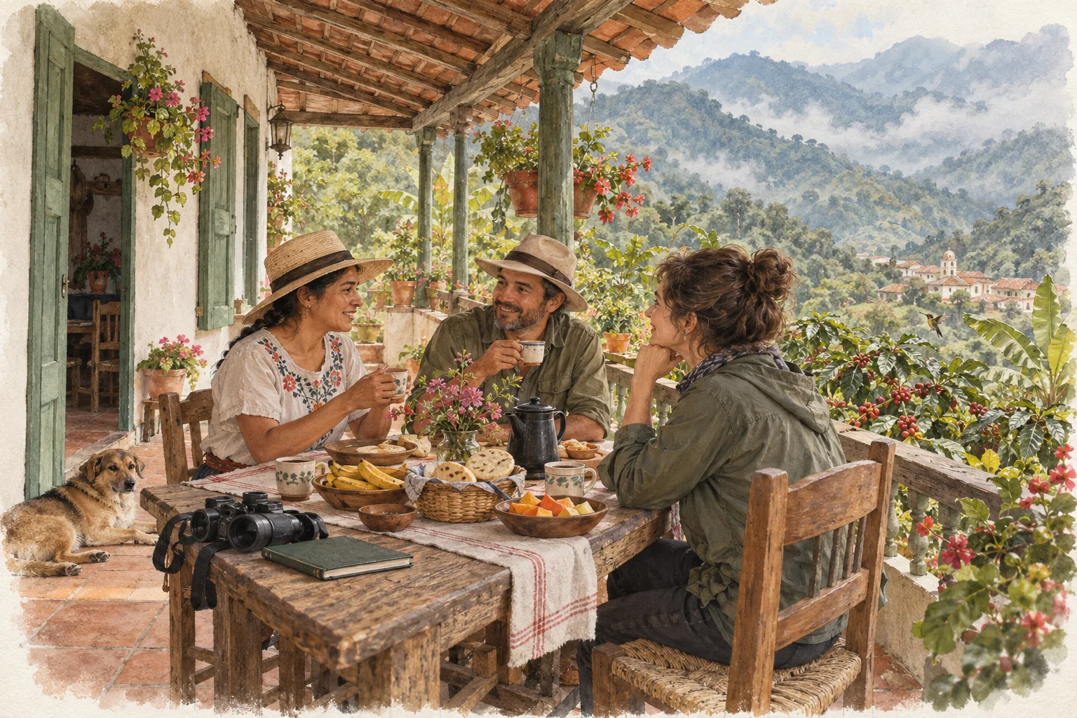 Tres personas comparten café y desayuno en un corredor campesino; hay binoculares y un cuaderno sobre la mesa.