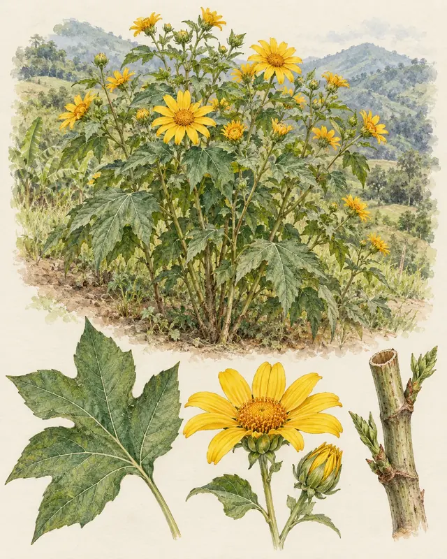 Arbusto de botón de oro con flores amarillas, hoja lobulada y una estaca con yemas.