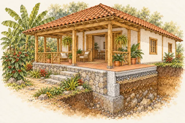 Casa cafetera de techo de barro y corredor, con un corte del terreno que deja ver base, piso y capas del suelo.