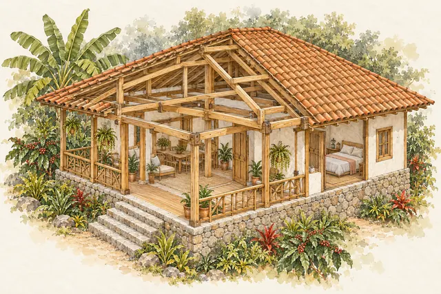Casa rural con techo de barro abierto para ver vigas, columnas y espacio interior.
