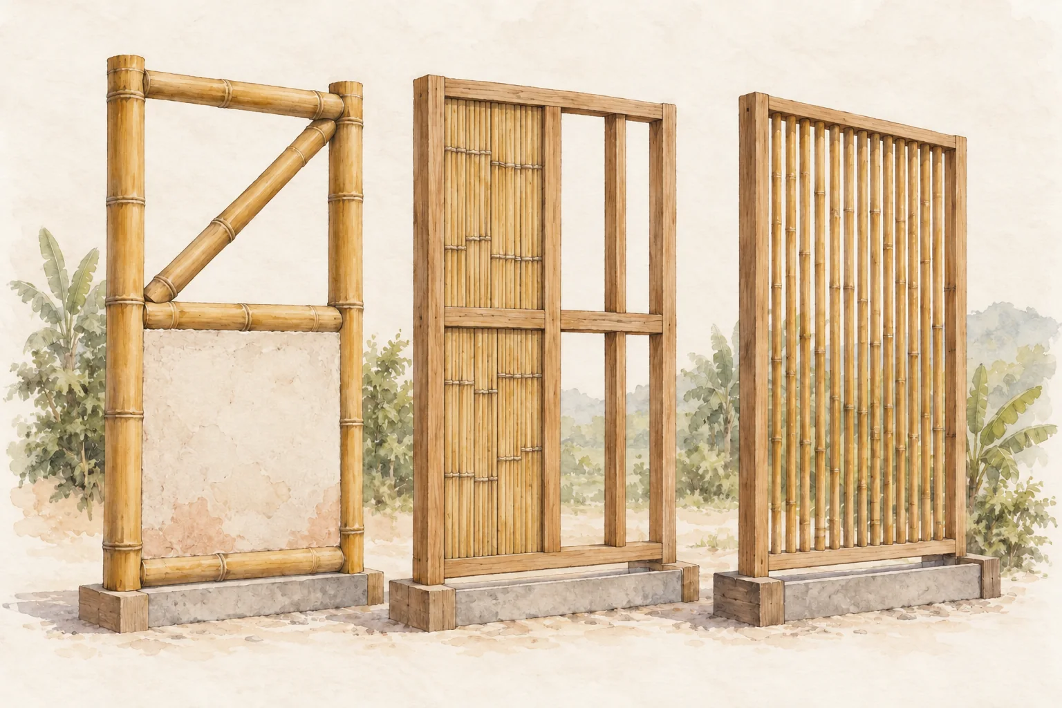 Tres estudios: marco de guadua rolliza con diagonal y acabado parcial, bastidor de madera con cara de guadua y celosía abierta.