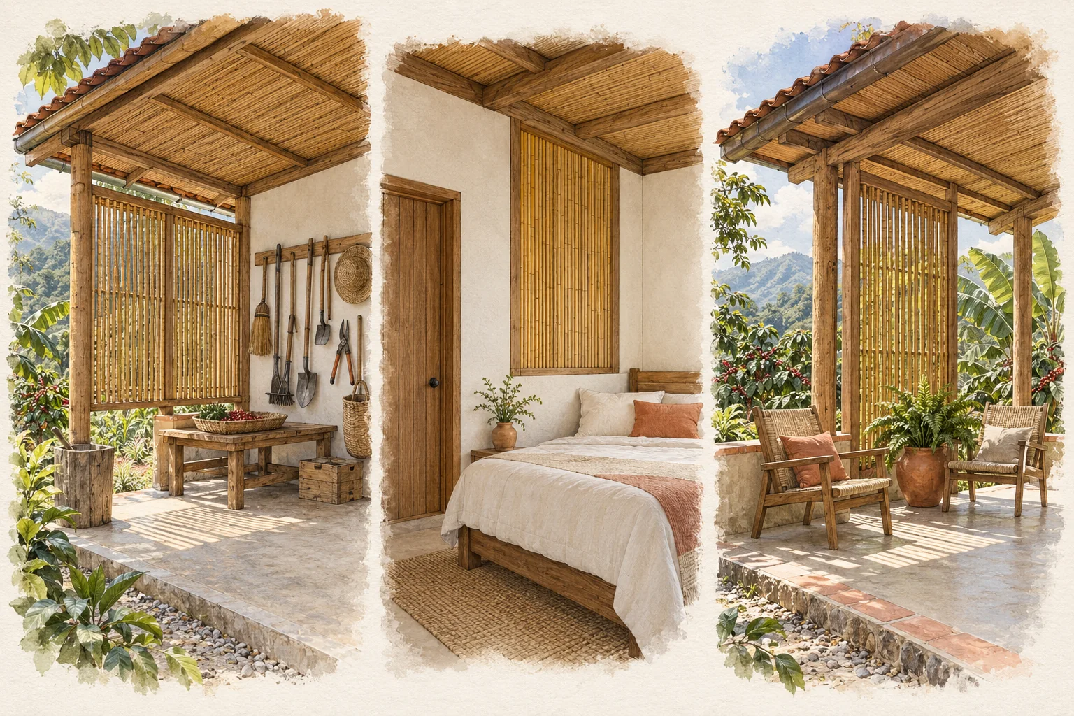 Tres espacios rurales: herramientas bajo cubierta con celosía, habitación con pared opaca y acento de guadua, y corredor con sillas y filtro de sol.