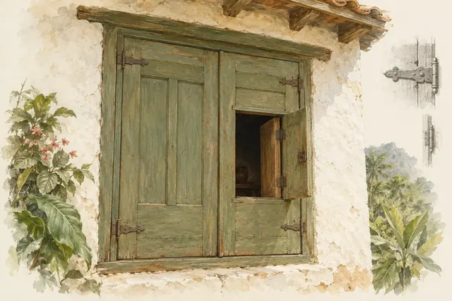 Ventana de madera cerrada con una puertecita pequeña abierta dentro de una de sus hojas.