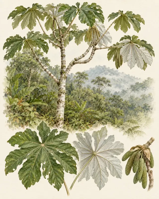 Yarumo de ramas abiertas, hojas lobuladas y envés plateado, con detalles de hojas y frutos.